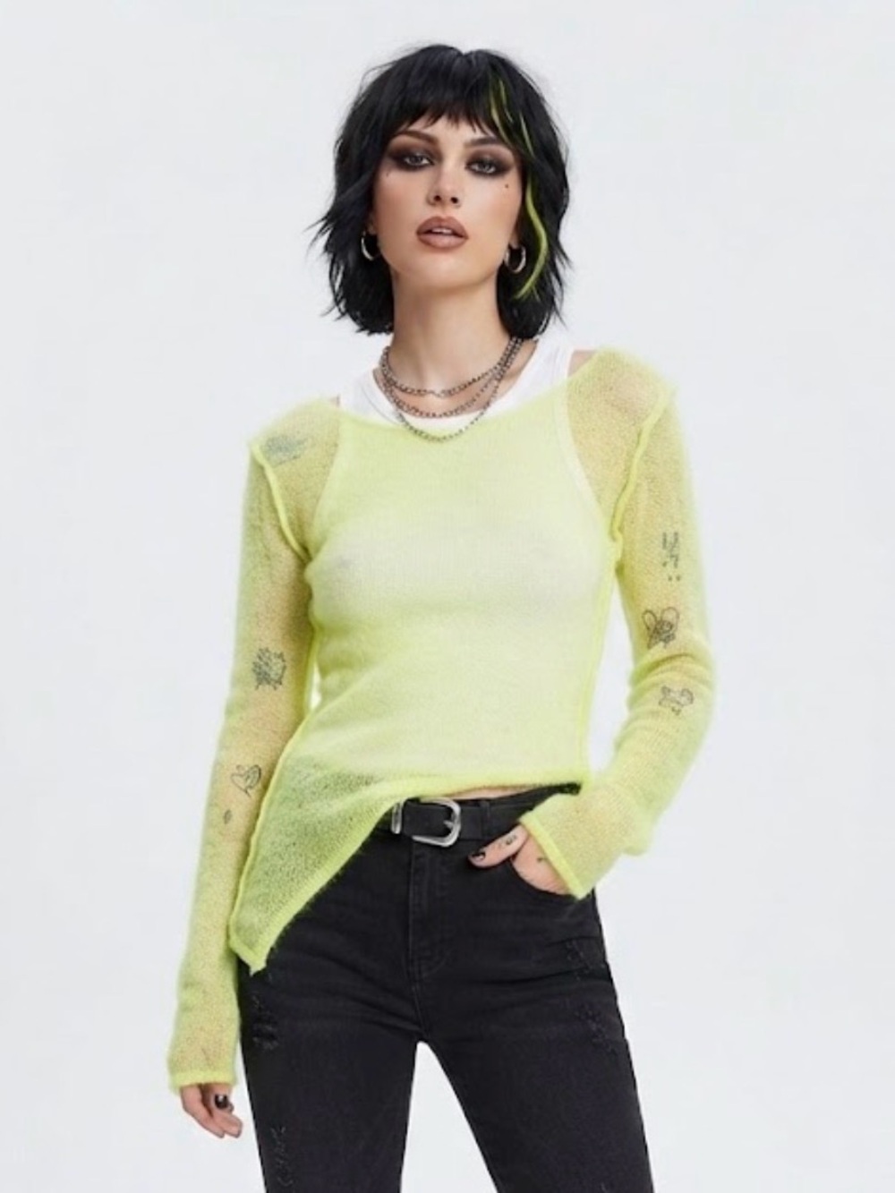 Urban Outfitters Neon Yellow/Green Sheer Knit Asymmetrical Hem Sweater SZ XS
